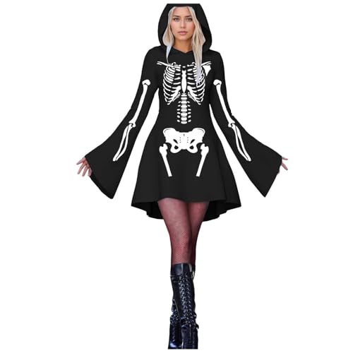 Halloween Gothic Dress Women\'s Short with Hood, Flared Long