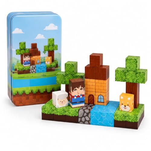Image of Magnetic Building Blocks for Kids Blocks (38 Pcs Green Steel Storage Tin) | STEM Magnetic Tiles Pixelated Cube | Creative Learning Block Set for Boys Ages 3+ | Birthday Gift