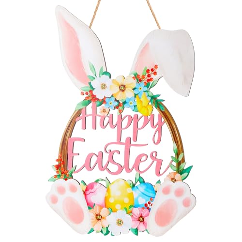 Aeaocvo Easter Wreath Bunny Welcome Sign, Flower Egg Welcome Hanging 12” Wooden Easter Decor for Front Door Wall and Home Decorations