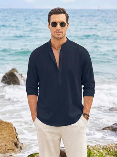 Image of ROYALSCOUT Men's Short Kurta | Solid Mandarin Collar Full Sleeve Pullover Style Kurta | Regular Fit Casual Ethnic Wear for Men
