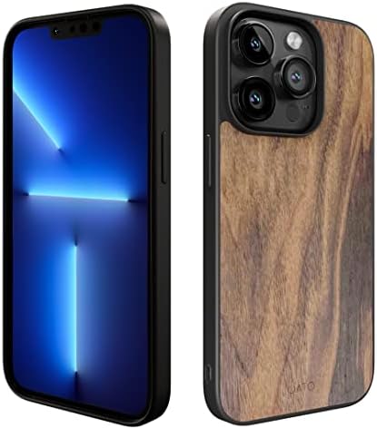 iATO iPhone 13 Pro Magnetic Wood Case. Unique & Classy Shockproof Protective Cover. MagSafe & Wireless Charging Compatible Real Wooden Overlay on Soft Black TPU - Natural Walnut