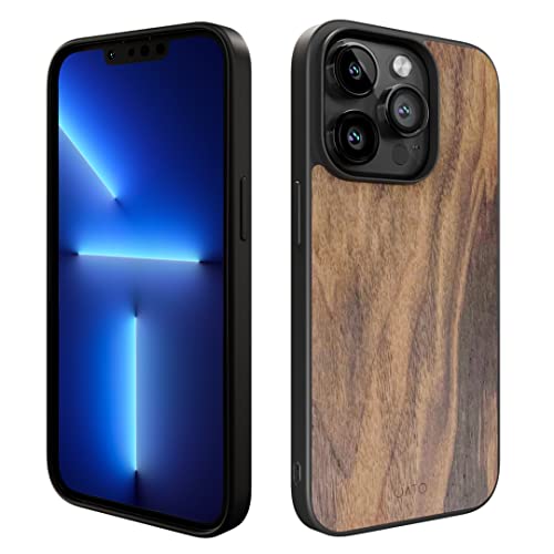 Iato Iphone 13 Pro Magnetic Wood Case. Unique & Classy Shockproof Protective Cover. Magsafe & Wireless Charging Compatible Real Wooden Overlay On Soft Black Tpu - Natural Walnut #TOP6