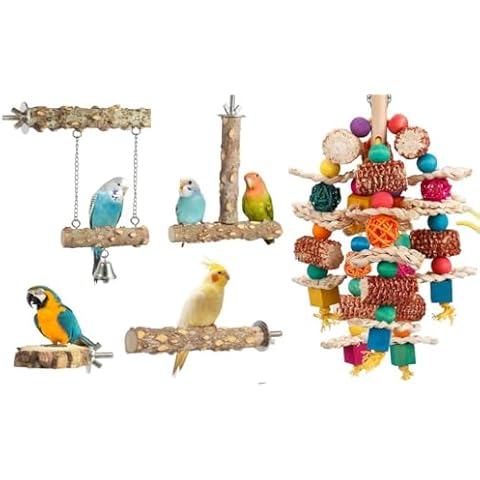 lovyoCoCo 4pcs Natural Wood Birds Stand Branch, Bird Perch Chewing Stick Cage Accessories Parrot Toys Bird Toys Natural Corn Cob Bird chew Toys Cover