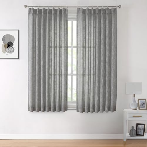 Image of Vision Home Pinch Pleated Gray Semi Sheer Curtains Textured Light Filtering Window Curtains 72 inch for Living Room Bedroom Rayon Blended Charcoal Grey Pinch Pleat Drapes with Hooks 2 Panels 40 inchWx72 inchL
