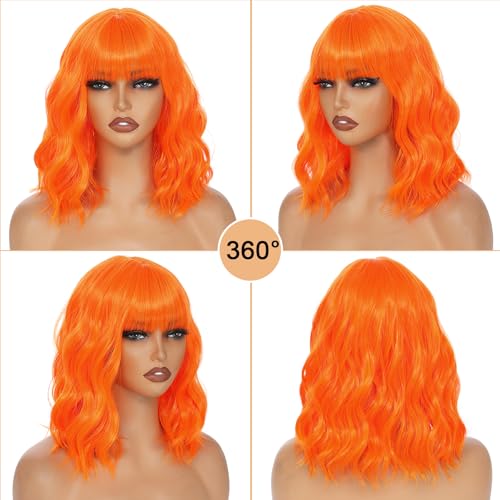 Image of AGO Orange Wig with Bangs Ginger Wigs Short Wavy Hair for Women Colorful Costume Wig Heat Resistant Fiber Wigs for Daily Party Halloween Cosplay Use(TF2202#Orange)
