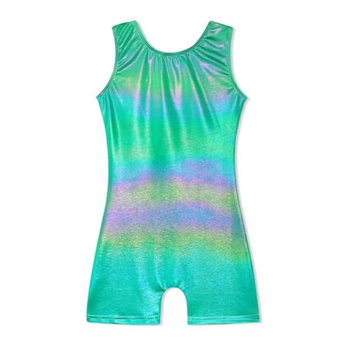 HOZIY Gymnastics Leotards with Shorts for Girls Toddlers Kids Biketard Tumbling Outfits Sparkle Unicorn Leopard Galaxy 6-7 Years A Solid Green