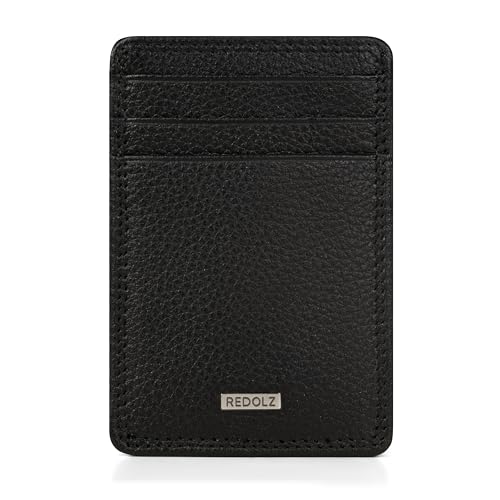 REDOLZ Leder Geldklammer/Kreditkartenetui Slim | RFID-Schutz & 3 Kreditkartenfächer & 2 Steckfächern | Maße 7 x 0,5 x 10 cm (schwarz)