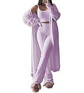 Fixmatti Women's Fuzzy 3 Piece Sweatsuit Open Front Cardigan Crop Tank Tops Wide Legs Pants Loung...