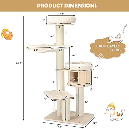 Image of Tangkula Modern Cat Tree, Multi-Level Large Cat Tower with Condo, Hammocks & Hanging Basket, Tall Cat Tree with Sisal Posts, Washable Cushions, Wood Cat Trees and Towers for Indoor Large Cats
