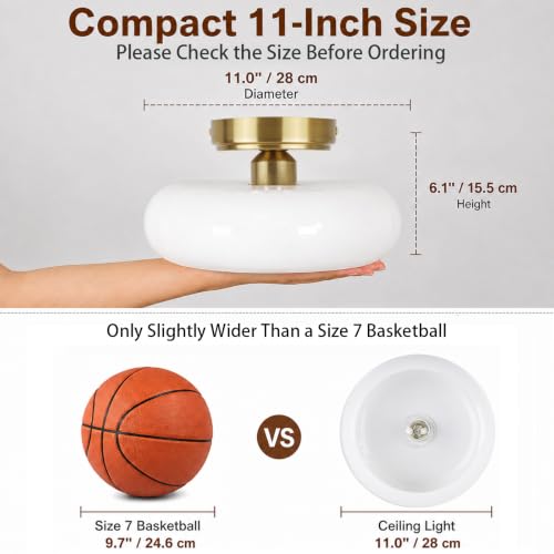 Image of Small Semi Flush Mount Ceiling Light Fixture, 11'' Vintage Mid-Century Gold with White Milk Glass Shade, Modern Farmhouse Lighting for Kitchen, Hallway, Bedroom, Foyer, Schoolhouse