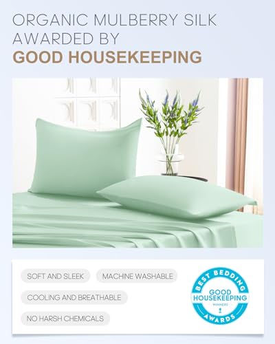 Image of THXSILK Set of 2 100% Mulberry Silk Pillowcase for Hair and Skin Health, 22 Momme Soft and Smooth Pillowcases with Hidden Zipper, Both Sides Premium Grade 6A+ Silk, Standard 20 inchx26 inch, Turquoise Green