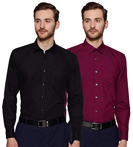 Image of Men's Solid Cotton Blend Formal Shirt with Pocket | Plain Design with Spread Collar & Full Sleeves - Regular Fit (Pack of 2)