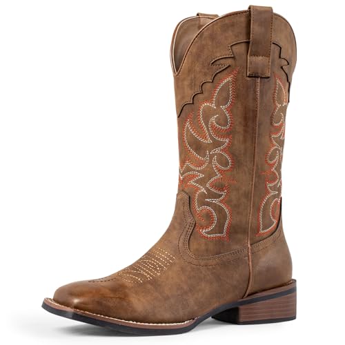 SheSole Women's Cowboy Boots Square Toe Mid Wide Calf Cowgirl Boots Chunky Heel Fashion Western Boots