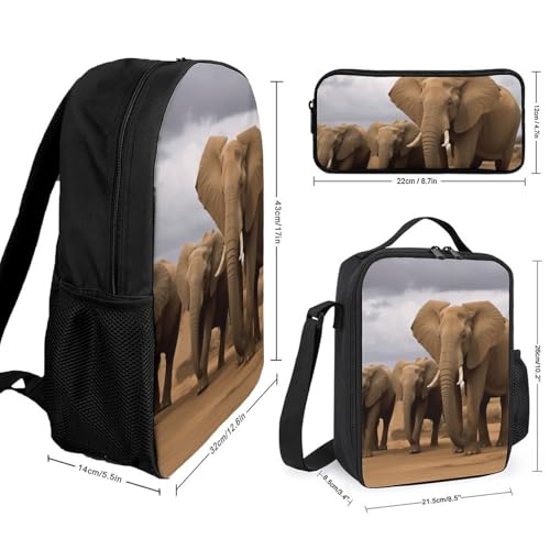 3 Piece Backpack for Women Men Lightweight Causal Daypack Shoulder Bag Set with Insulated Lunch Bag And Pencil Case Organizers Elephant Family2