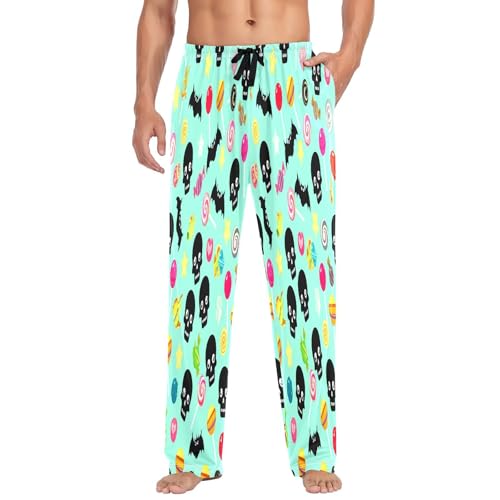Qilmy Halloween Black Skull Men's Cotton Pajama Pants, Lightweight Lounge Sleepwear with Drawstring and Pocket