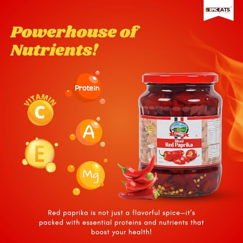 Image of CANEEN Sliced Red Paprika in Jar - 100% Vegan, Ready-to-Eat, Fiber-Rich - Ideal Topping for Pizza, Pasta, Burgers, Snacks & Salads 680g (Pack of 1)