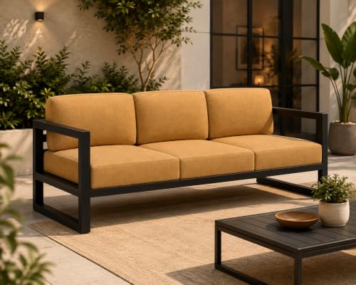 Image of Modern 3-Seater Sofa with Beige Cushions & Black Metal Frame Set Upon a Sturdy Black Metal Geometric Base Frame.