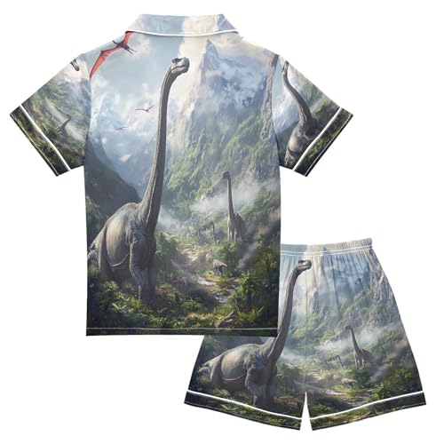 ALAZA Fly Animal Dinosaur Tree Satin Pajamas Set Short Sleeve Button Down Sleepwear Summer Pjs 2 Piece2
