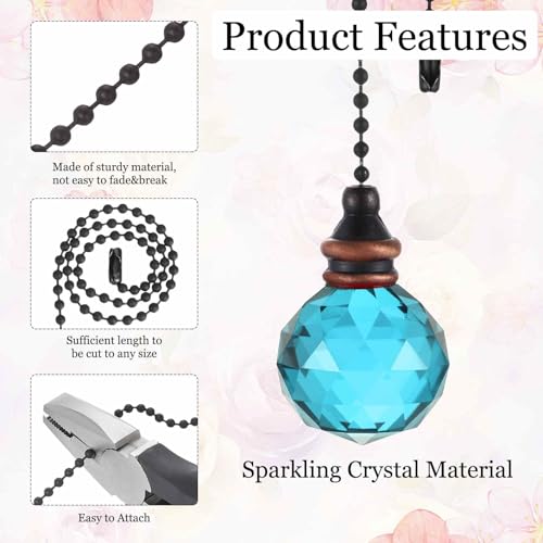 Image of MECCANIXITY 2Pack Ceiling Fan Pull Chain, 12 Inch Decorative Ornaments Crystal Pendant Pull Chain Extension for Ceiling Fans Light Lamp, Blue