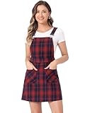 Allegra K Women's Plaid Overall Dress Vintage Checkered Suspender Skirt Short Pinafore Dress Large Blue-Red