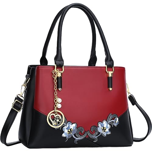KKXIU 3 Zippered Compartments Purses and Handbags for Women Top Handle Satchel Shoulder Ladies Bags (D-black red flower)