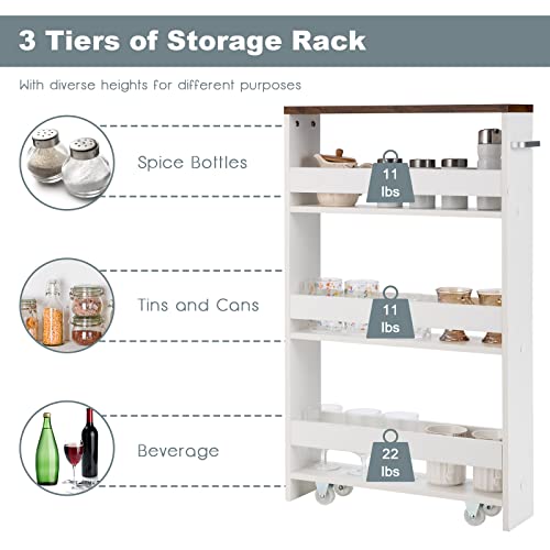 Costway Slim Rolling Storage Cart, 4-Tier Rolling Utility Cart, Wood Kitchen Storage Cart With Handle & Wheels, Narrow Rolling Shelving Unit For Kitchen Bathroom Laundry Small Places #TOP5