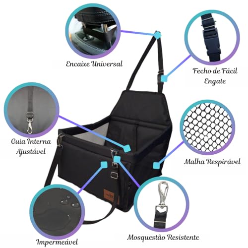 Cadeirinha de Transporte para Carro, Assento Pet até 15kg, 40x32x22cm, Preto, com Cinto de Segurança