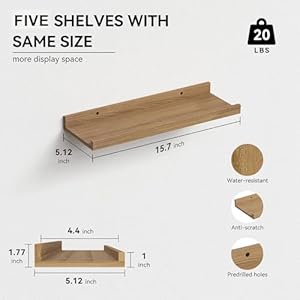 RICHER HOUSE 5 Set Floating Shelves for Wall Decor, Wall Mounted Book Shelf, Nursery Shelves Picture Ledge Shelf with Lip for Wall Storage, Bedroom, Living Room, Bathroom - Oak RICHER HOUSE 5 Set Floating Shelves for Wall Decor Wall Mounted Book Shelf Nursery Shelves Picture Ledge Shelf with Lip for Wall Storage Bedroom Living Room Bathroom Oak