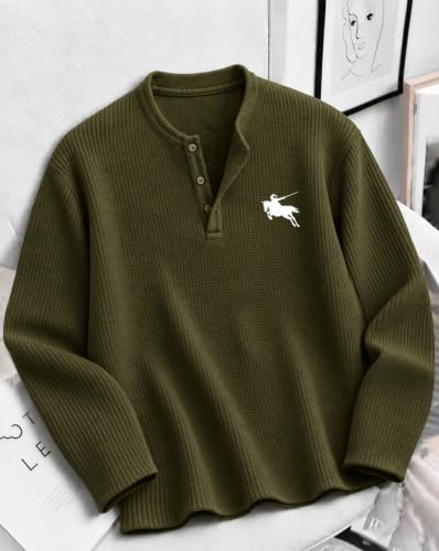 AUSK Store AUSK Men's Waffle Texture Henley T-Shirt Green - Image 3
