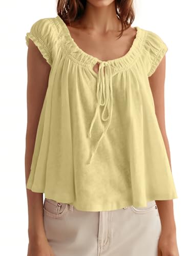 Image of Tankaneo Women Summer Tie Front Tank Tops Cap Sleeve Pleated Babydoll Tops Casual Loose Fit Going Out Flowy Shirt