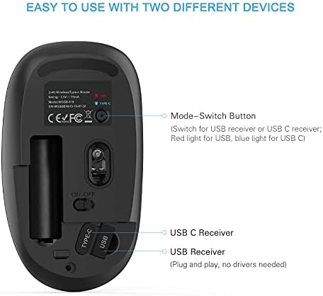 ASHU USB C and USB Dual-Mode Mouse, 2.4G Wireless Mouse with Type C and USB Receiver for PC Computer Laptop with USB or Type-C Ports, Black