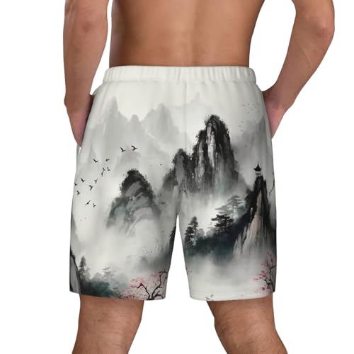 Men's Swim Trunks Quick Dry Board Shorts Ink Painting Style Mountain Beach Shorts with Pocket Bathing Suits for Men3