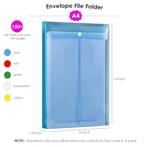 Image of Shuban Document File Folders with Snap Button Closure, Waterproof Plastic Envelope Pouches for Letter /A4 Size Paper, Assorted Transparent Colors (Style-8-Plain Transparent Folder-4Pcs-Mix Color)