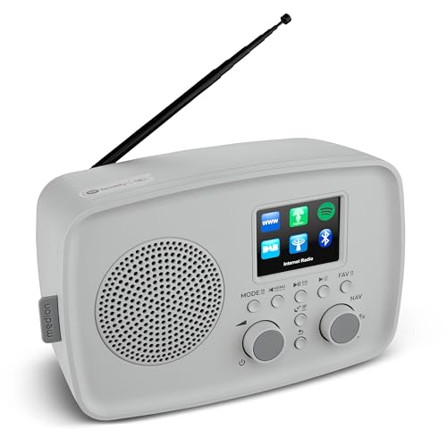 MEDION Radio Internet avec Dab+ IRE-1 (Dab+, Wi-FI, FM, Bluetooth, étanche, antenne télescopique, Spotify Connect, réveil, minuterie, dimmer) Gris
