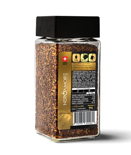 Nero Amore Espresso Instant Coffee Powder With Micro Ground Beans Coffee, Gold Espresso Freeze Dried Soluble Coffee, Dark Roast Low Acid Coffee Instant Espresso Powder 95G Jar #TOP3