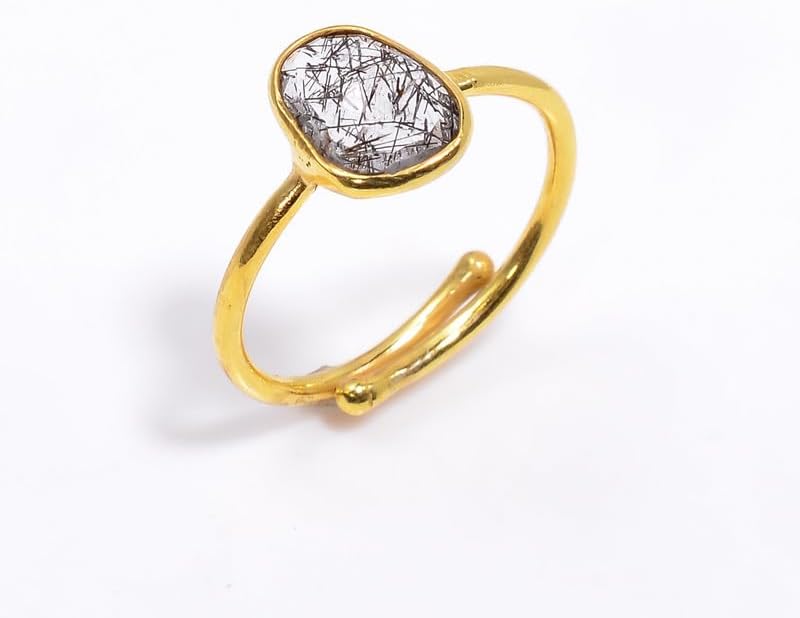 Natural Black Black Rutile 925 Sterling Silver Adjustable Wedding Engagement Ring for women