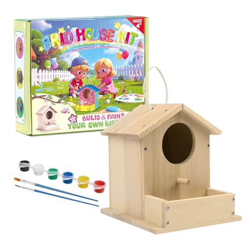 Bird House Kits for Kids Ages 4-8, Wooden DIY Birdhouse Kit, Outdoor Woodworking Crafts Freestyle Painting, Bird Houses for Outside with Paints & Brushes, Boy Girl Gift Christmas(1Pcs)