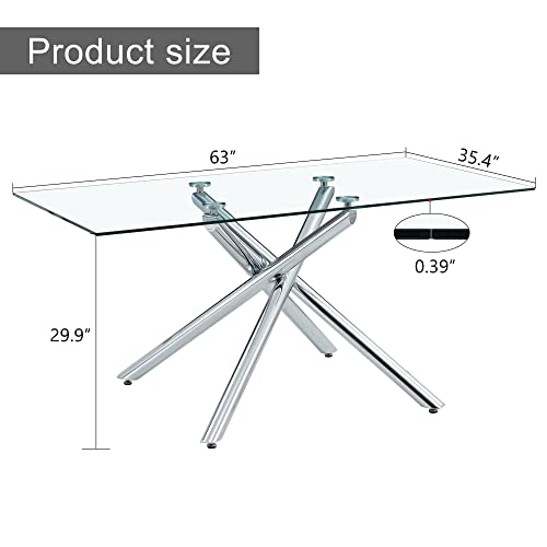 63 Inch Glass Dining Table For 6, Silver Legs Rectangular Glass Kitchen Table, Glass Top Dining Table For 4-6 Persons Table Furniture For Home Office Kitchen Dining Room #TOP2