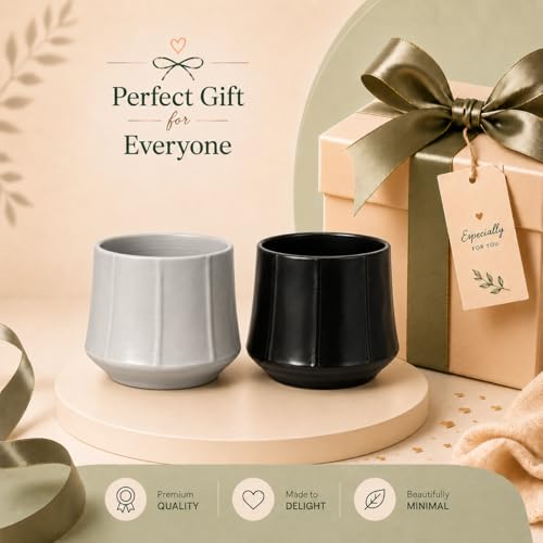 Image of Xtore 2 Pc Elegant Matte Black Ceramic Planter Pot for Indoor Plants & Tabletop Styling | Modern Minimal Desk, Shelf & Living Room Decor (Black & Grey, Planters only)