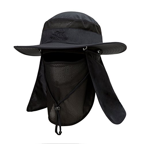 YR.Lover Outdoor UV Sun Protection Wide Brim Fishing Cap with Removable Flap Black