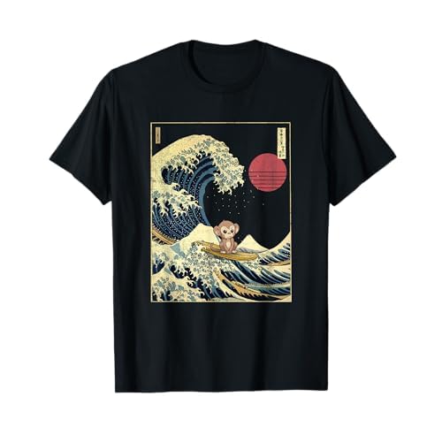 Mono japonés Kanagawa Wave Funny Surf Animal Camiseta