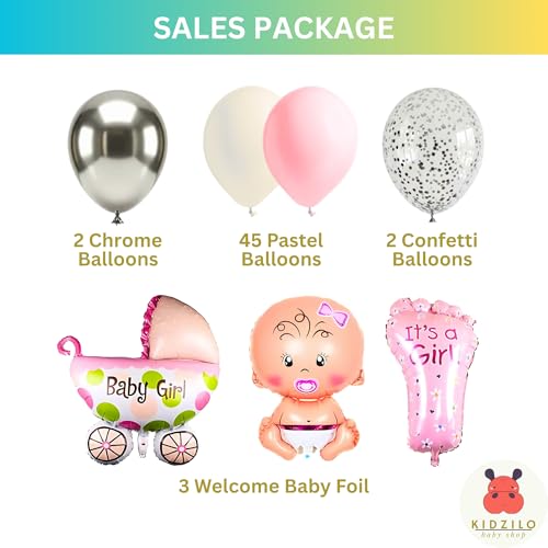 Image of 57 Pcs Welcome Baby Girl Decoration Kit | Balloons, Banner, Curtains, Foils, Stars, Hearts, Ribbon & Confetti for Baby Shower & Newborn Celebration Set 17