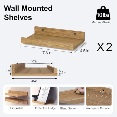 Image of Small Oak Floating Shelves for Wall, Shelf with Lip Set of 2, 8 in | Mini Display Ledge Shelf for Wall Decor, Wall Mounted Wood Shelves for Bedroom, Bathroom, Living Room, Kitchen, Nursery Room