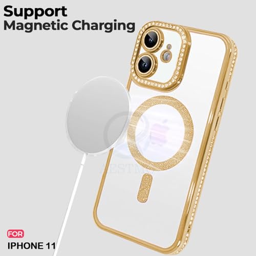 Image of AESTMO Back Cover for iPhone 11 Compatible with MagSafe | Diamond Glitter Case | Luxury Bling Rhinestone Soft Clear TPU Bumper | Camera Lens Protection Cover for iPhone 11 (Gold)