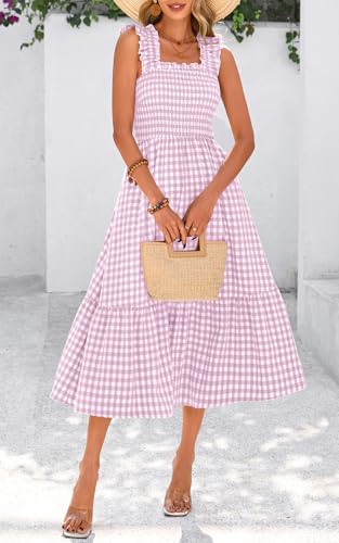 Image of PRETTYGARDEN Women's Summer Dress Casual Ruffle Strap Gingham Midi Sundress