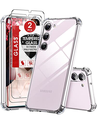 LeYi Crystal Clear Case Compatible with Samsung Galaxy S23 5G Case and 2 Pack 9H Tempered Glass Screen Protector, Transparent Soft Bumper Anti-Scratch Phone Covers