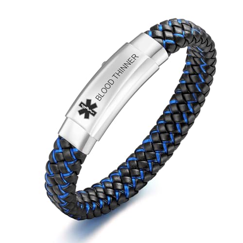 PJ JEWELLERY BLOOD THINNER Medical Alert Bracelet - 2 Tone Braided Leather with Stainless Steel Clasp Engraved Emergency Identification Medical Bracelets Medic ID Bracelet for Men