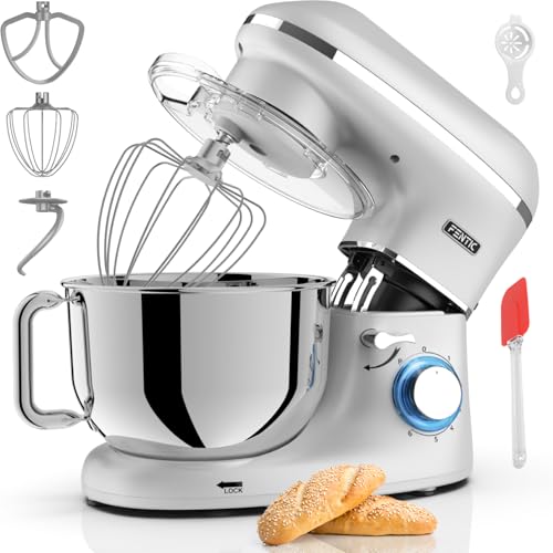 Fentic Küchenmaschine - 2000W - Edelstahl Rührschüssel (6,2 L) - Küchenmixer mit Rührhaken, Knethaken, Schlagbesen und Spritzschutz - Inkl. Schutzhülle und zusätzlichem Zubehör (Silber)