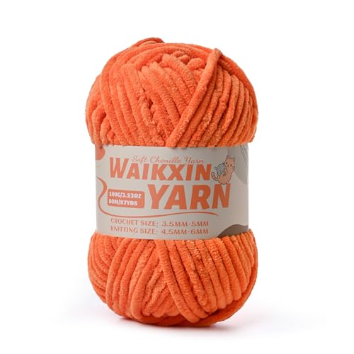 Image of (Orange) Super Soft Fuzzy Chenille Chunky Yarn for Crocheting, 100g (87yds) Fluffy Velvet Yarn for Hand Knitting Baby Blankets Weaving Craft