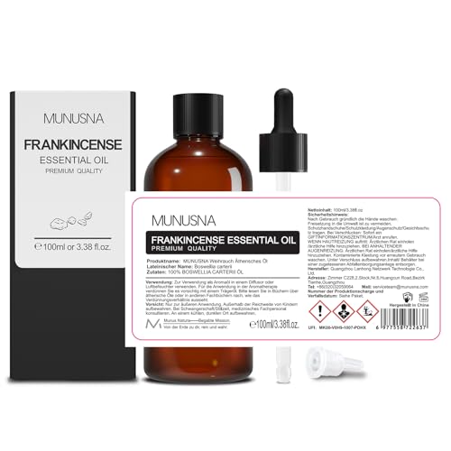 Weihrauchöl Ätherisches Öl 100ML, MUNUSNA Ätherische Öle Weihrauch Rein Naturrein für Bessere Erholung, Reparieren und Beruhigen, Duftöl Weihrauch Öl für Aroma Diffuser, Frankincense Oil